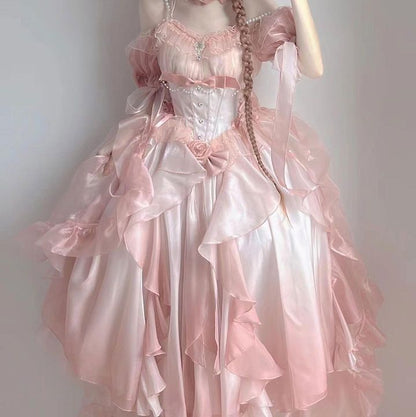 Romantic White Pink Off Shoulder Puff Short Sleeve Bow 3D Rose Pearl Chain High Low A Line Short Homecoming Dress AS1546