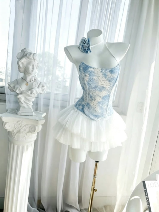 Fresh Blue White Strapless Sparkly Corset Layered Tulle A Line Short Homecoming Dress AS1547