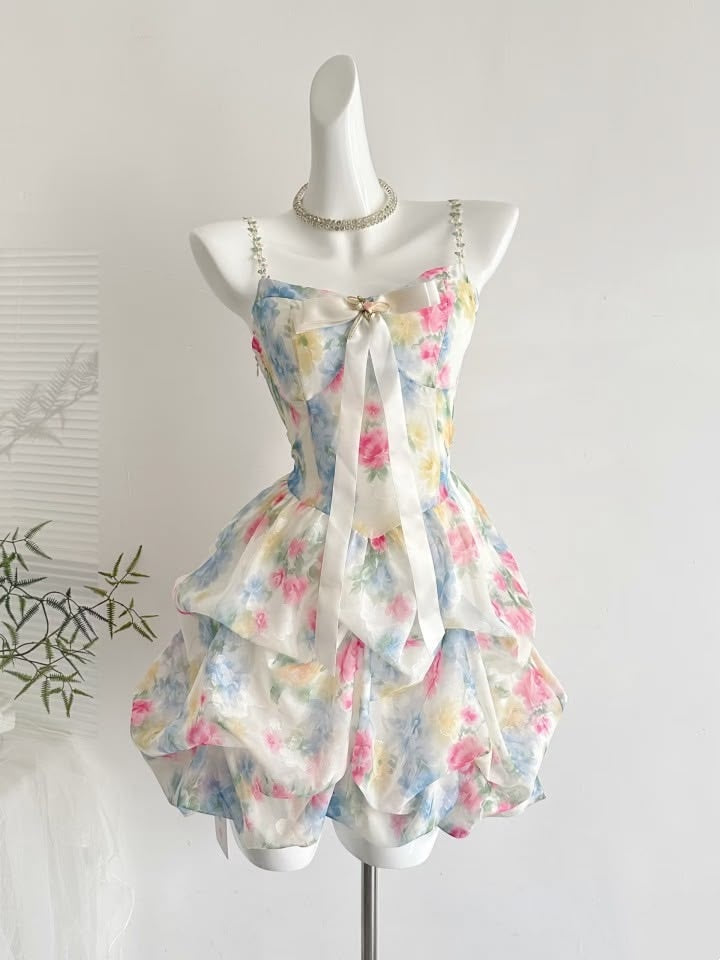Sweet Multicolor Floral Rhinestone Spaghetti Strap Bow A Line Layered Puffy Ruffle Short Homecoming Dress AS1548