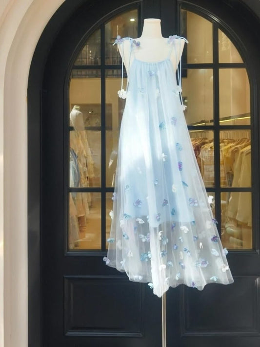 Dreamy Light Blue Tie Spaghetti Strap 3D Floral Appliques Tulle A Line Flowy Midi Short Homecoming Dress AS1549