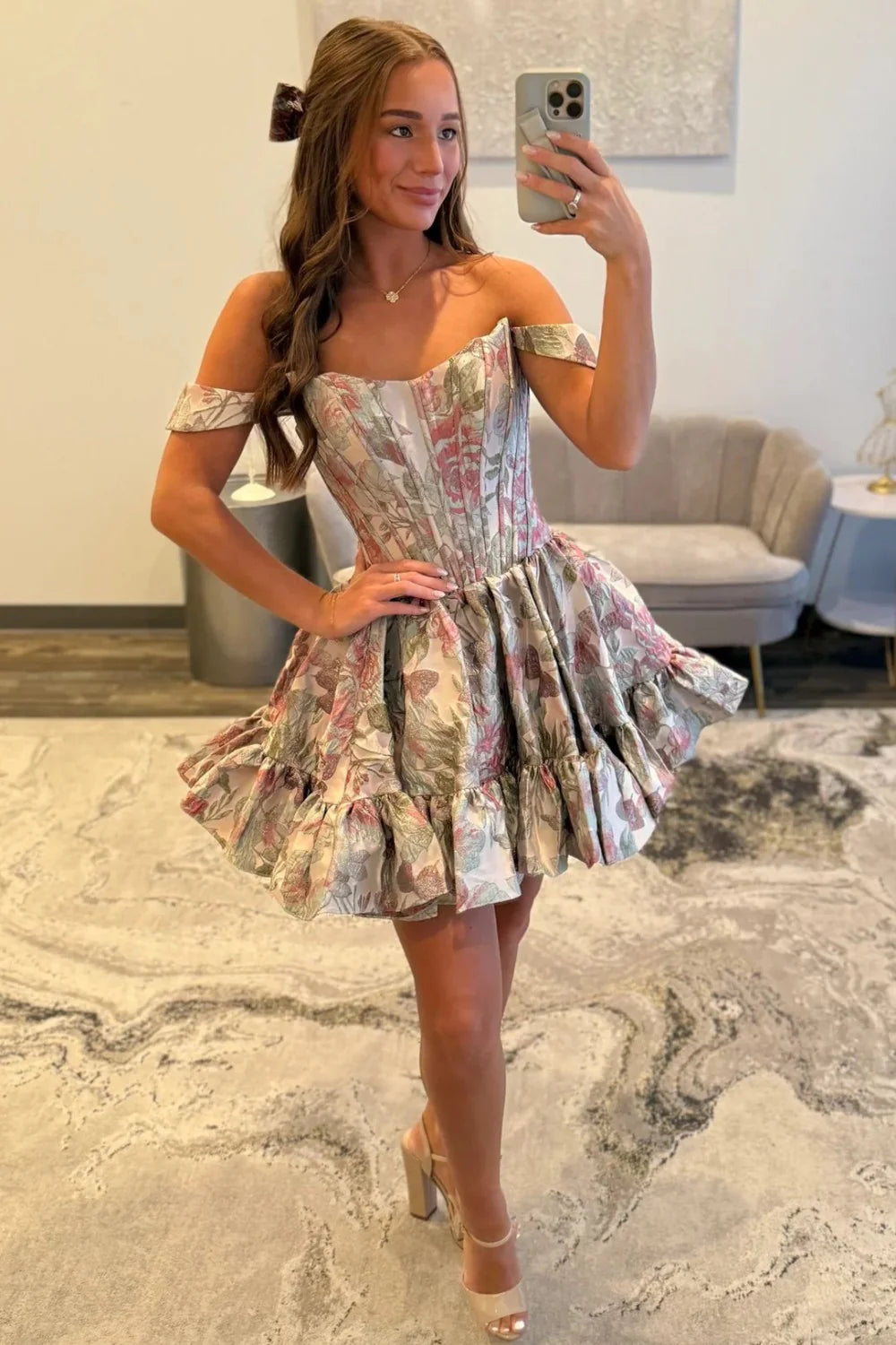 Navy Blue Off-the-Shoulder Floral Jacquard Homecoming Dress With Ruffle Hem AS155