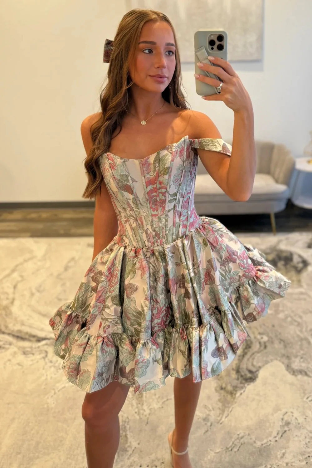 Navy Blue Off-the-Shoulder Floral Jacquard Homecoming Dress With Ruffle Hem AS155