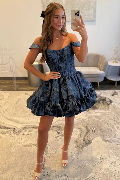 Navy Blue Off-the-Shoulder Floral Jacquard Homecoming Dress With Ruffle Hem AS155
