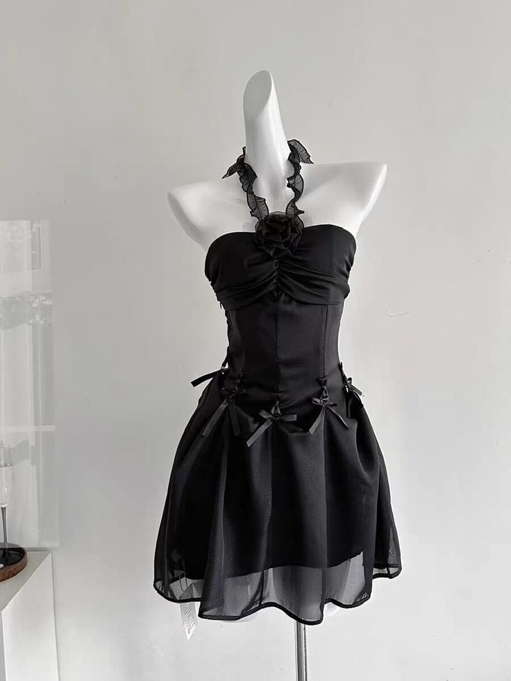 Stylish Black Ruffle Halter 3D Rose Ruched Corset Bow Trim A Line Short Homecoming Dress AS1550
