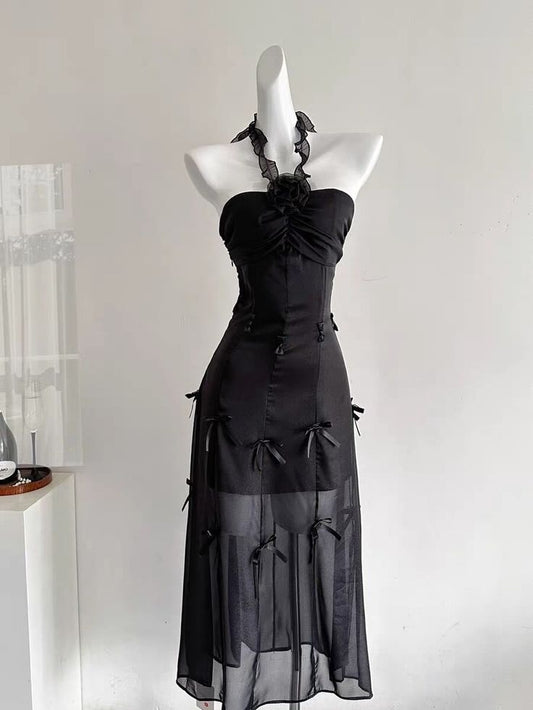 Glam Black Ruffle Halter 3D Rose Ruched Bow Sheath Midi Homecoming Dress AS1551