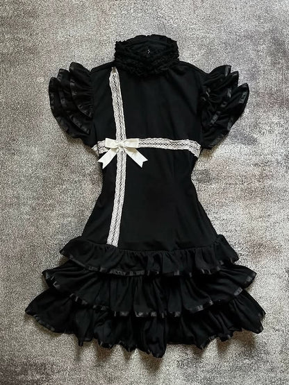 Elegant Black High Neck Short Puff Sleeve White Lace Satin Bow Tiered A Line Short Homecoming Dress AS1553