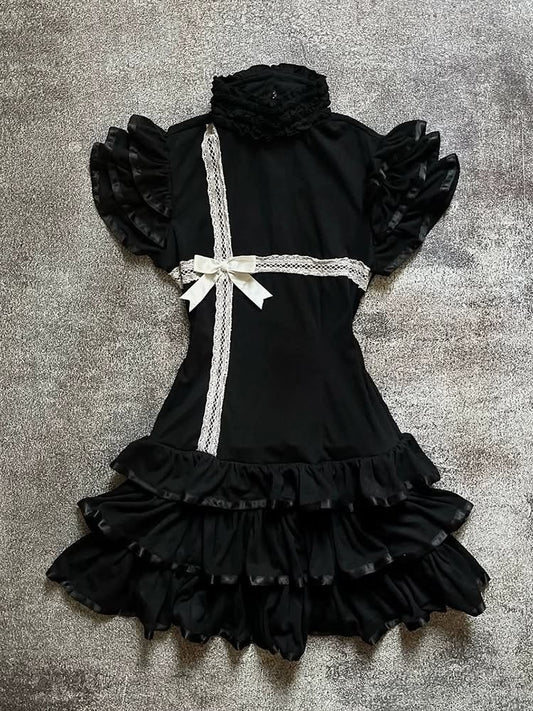 Elegant Black High Neck Short Puff Sleeve White Lace Satin Bow Tiered A Line Short Homecoming Dress AS1553