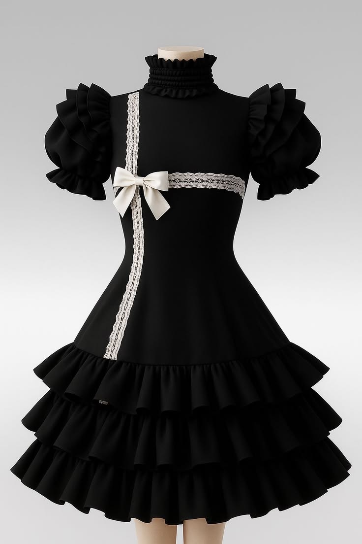 Elegant Black High Neck Short Puff Sleeve White Lace Satin Bow Tiered A Line Short Homecoming Dress AS1553
