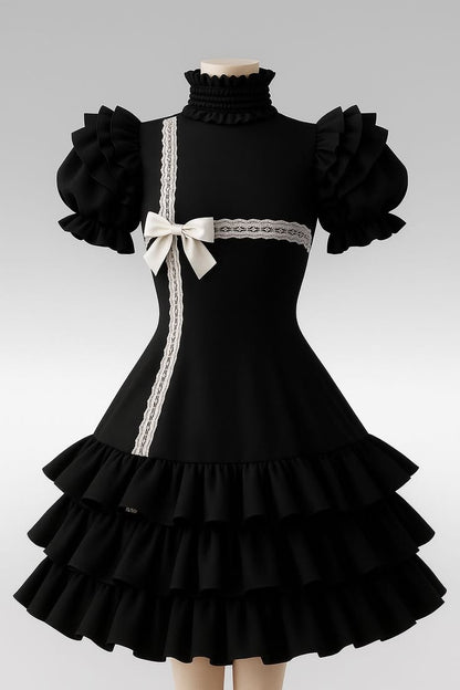 Elegant Black High Neck Short Puff Sleeve White Lace Satin Bow Tiered A Line Short Homecoming Dress AS1553