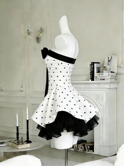 Chic White Black Polka Dot Strapless Bow Ruffle Tulle A Line Short Homecoming Dress AS1554