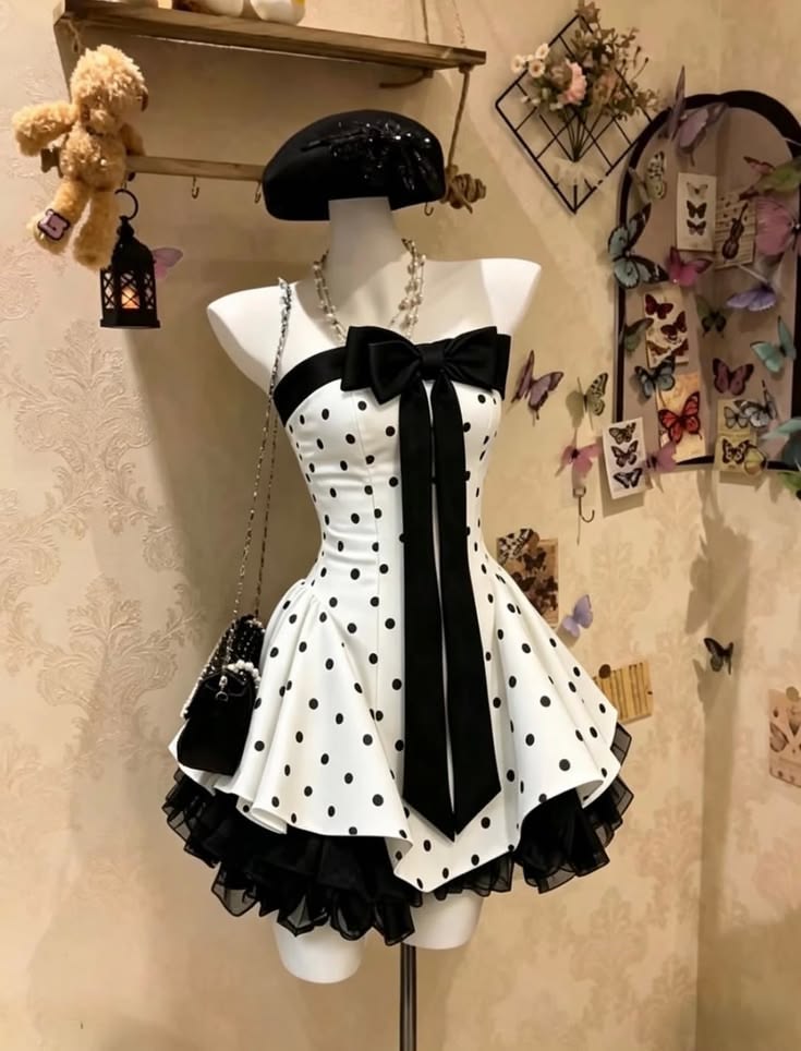 Chic White Black Polka Dot Strapless Bow Ruffle Tulle A Line Short Homecoming Dress AS1554