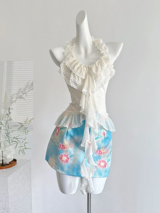 Fresh White Lace Ruffle Halter Top Blue Floral Print Bodycon Skirt Two Piece Mini Homecoming Dress AS1555