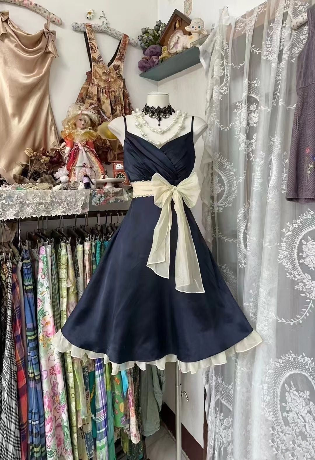 Sweet Navy Spaghetti Strap Wrap Ivory Waist Bow Ruffle Hem A Line Short Homecoming Dress AS1556