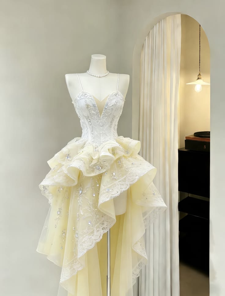 Stunning Light Yellow Spaghetti Strap V-Neck Beaded High Low Ruffle Tulle A Line Short Homecoming Dress AS1557