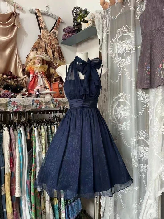 Elegant Navy Halter Neck Spaghetti Strap Glitter Chiffon A Line Short Homecoming Dress AS1558