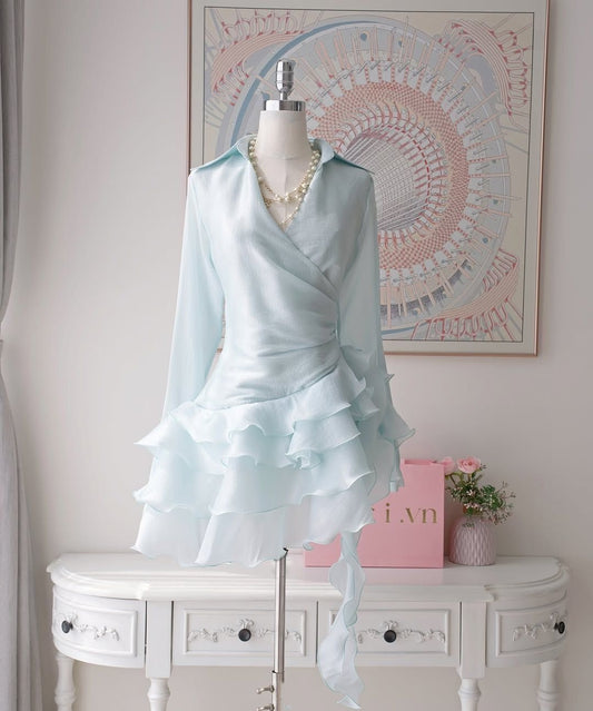 Fresh Light Blue V Neck Long Sleeve Tiered Ruffle Irregular Hem A Line Short Homecoming Dress AS1559