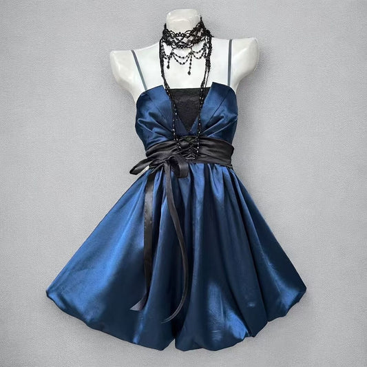 Glam Navy Satin Spaghetti Strap Waist Sash Bow A Line Puffy Short Homecoming Dress AS1560