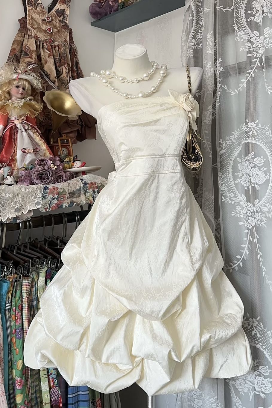 Vintage Ivory Strapless Rose Flower Ruched Bubble A Line Short Homecoming Skirt AS1561