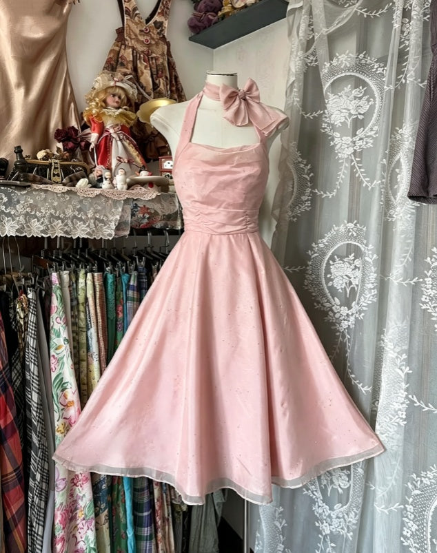 Sweet Pink Halter Neck Big Neck Bow Glitter A Line Midi Homecoming Dress AS1558