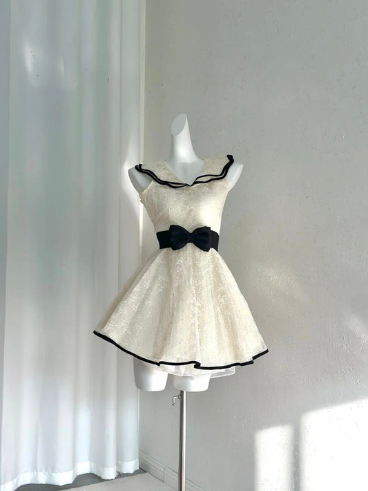 Elegant Ivory Sleeveless V Neck Ruffle Black Waist Bow A Line Short Homecoming Dress AS1565