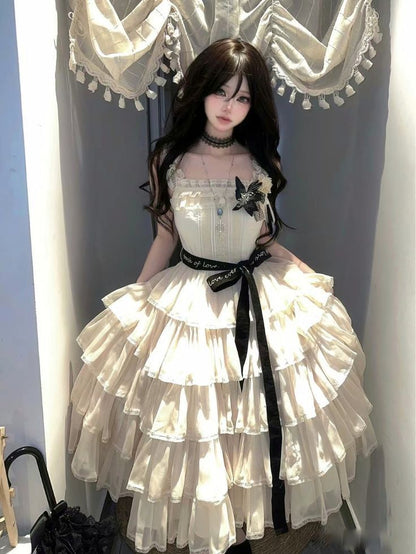 Vintage Ivory Square Neck Straps Black Ribbon Waist Bow Tiered Ruffle A Line Midi Homecoming Dress AS1566