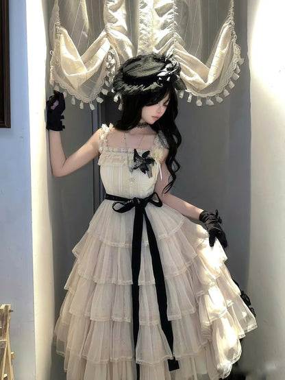 Vintage Ivory Square Neck Straps Black Ribbon Waist Bow Tiered Ruffle A Line Midi Homecoming Dress AS1566