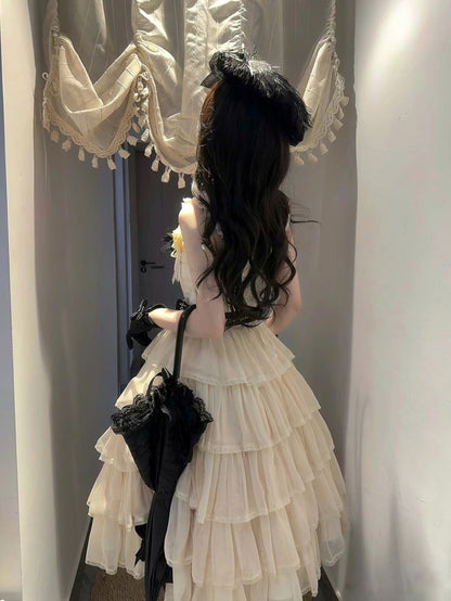 Vintage Ivory Square Neck Straps Black Ribbon Waist Bow Tiered Ruffle A Line Midi Homecoming Dress AS1566