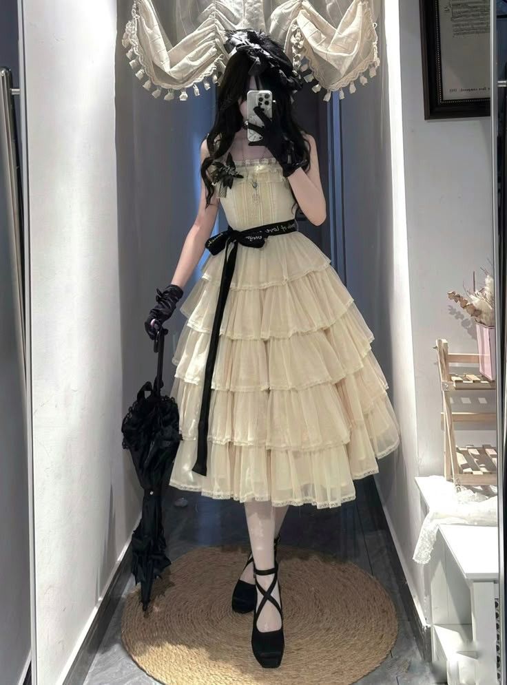 Vintage Ivory Square Neck Straps Black Ribbon Waist Bow Tiered Ruffle A Line Midi Homecoming Dress AS1566