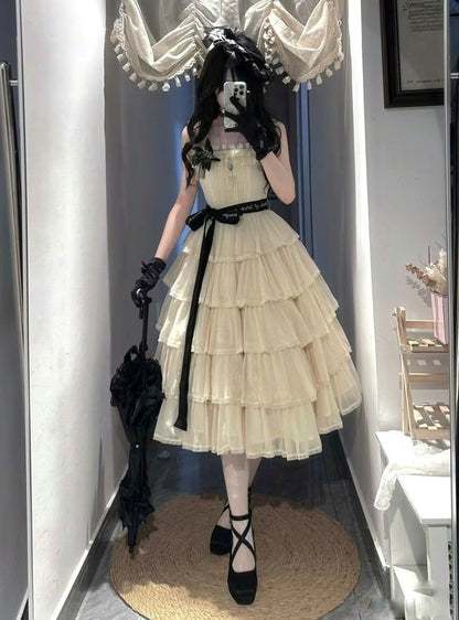 Vintage Ivory Square Neck Straps Black Ribbon Waist Bow Tiered Ruffle A Line Midi Homecoming Dress AS1566