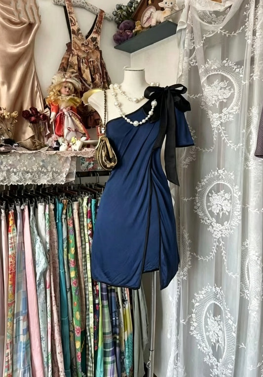 Elegant Navy One Shoulder Black Big Bow Ruched Wrap Bodycon Short Homecoming Dress AS1571