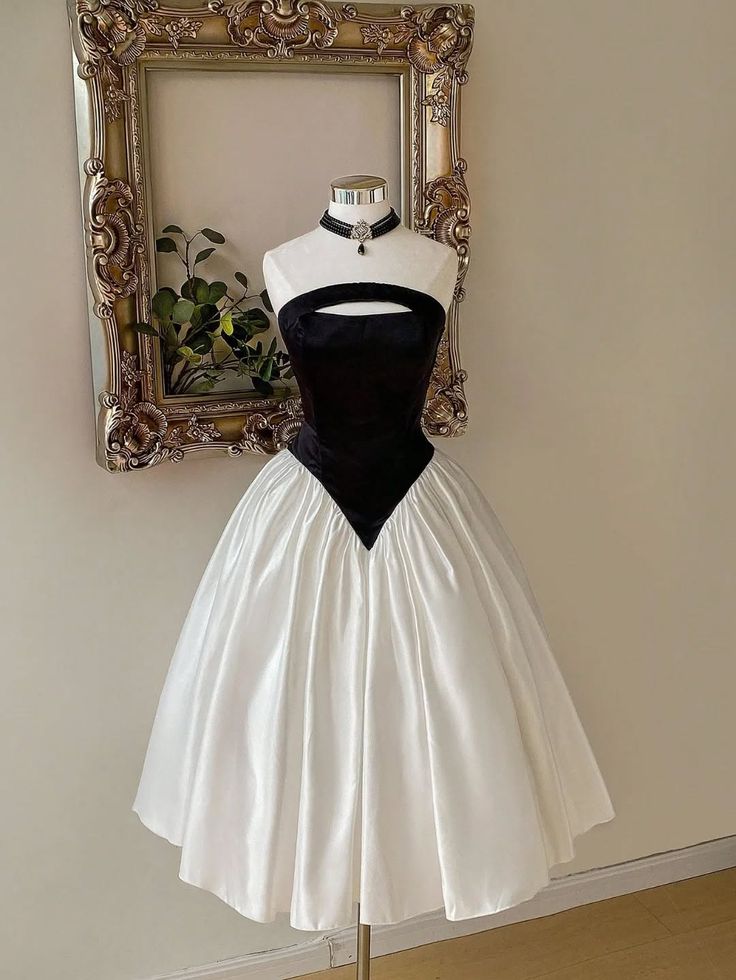Classic Black White Satin Strapless A Line Midi Homecoming Dress AS1575