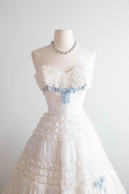 Sweet White Strapless Tiered Lace Blue Bow A Line Midi Homecoming Dress AD1119