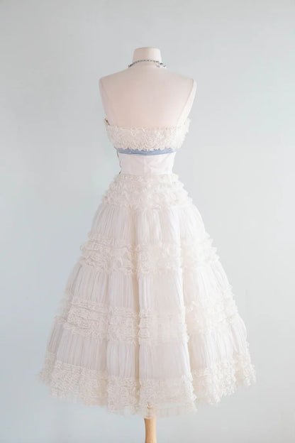 Sweet White Strapless Tiered Lace Blue Bow A Line Midi Homecoming Dress AS1576