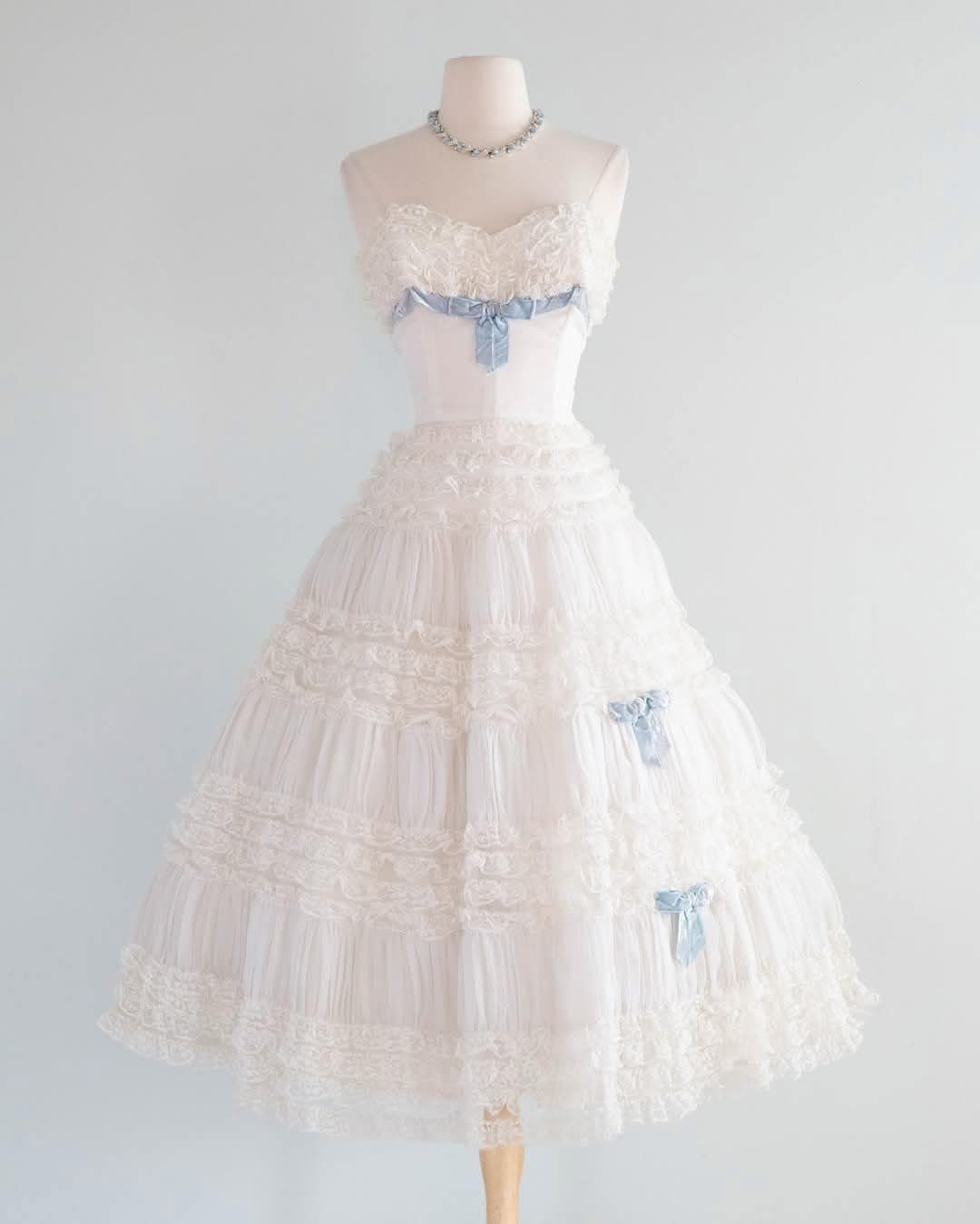 Sweet White Strapless Tiered Lace Blue Bow A Line Midi Homecoming Dress AD1119