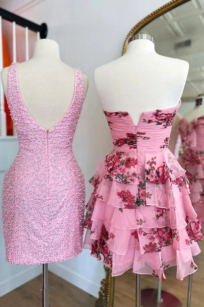 Floral Tiered Ruffle Homecoming Dress With Sweetheart Neckline And Bow Detail AS158