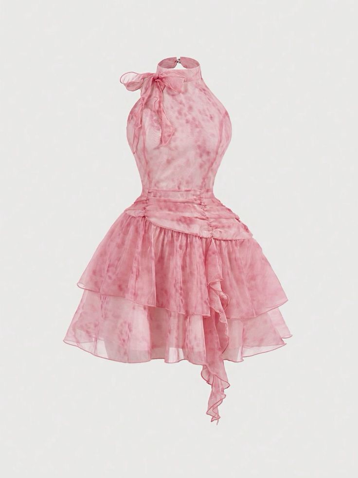Lovely Pink Floral Print Halter Tiered Chiffon A Line Short Homecoming Dress AS1583