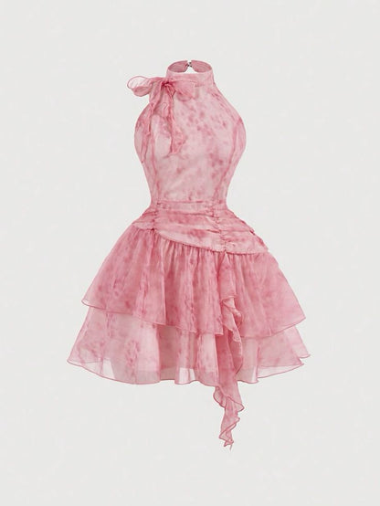 Lovely Pink Floral Print Halter Tiered Chiffon A Line Short Homecoming Dress AS1583