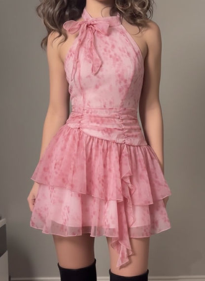 Lovely Pink Floral Print Halter Tiered Chiffon A Line Short Homecoming Dress AS1583