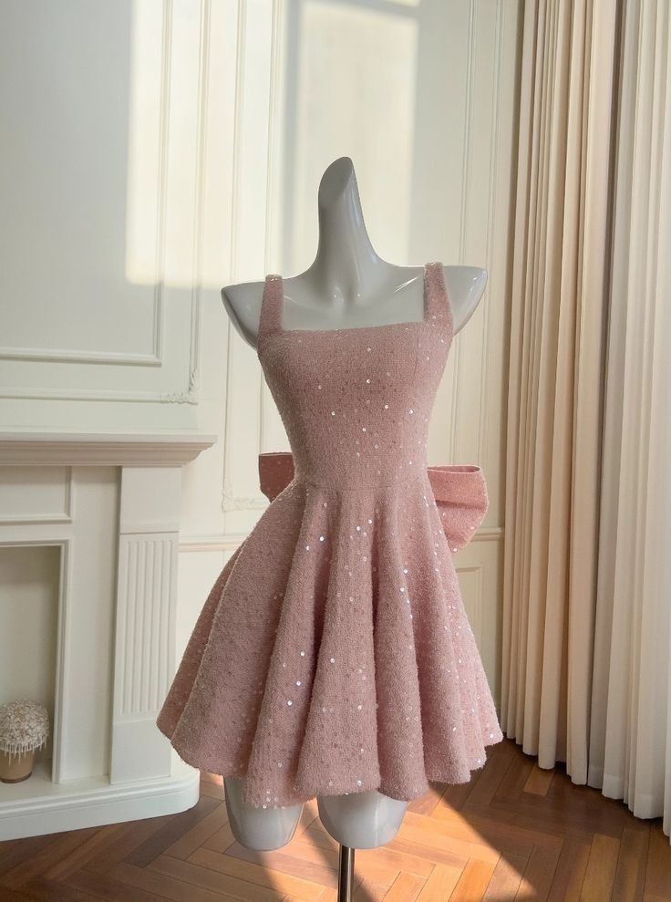 Lovely Pink Square Neck Strap Sequin A Line Short Homecoming Dress With Big Back Bow AS1584