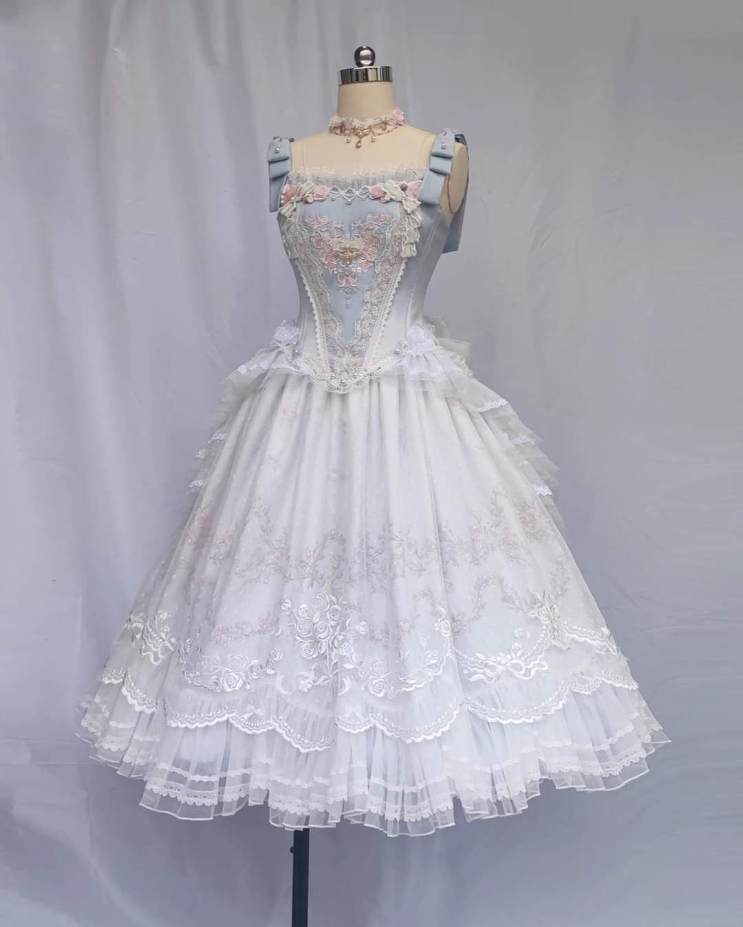Elegant Light Blue Square Neck Strap Bow Floral Appliques Corset Multi-Layer Tulle Midi A Line Homecoming Dress AS1587