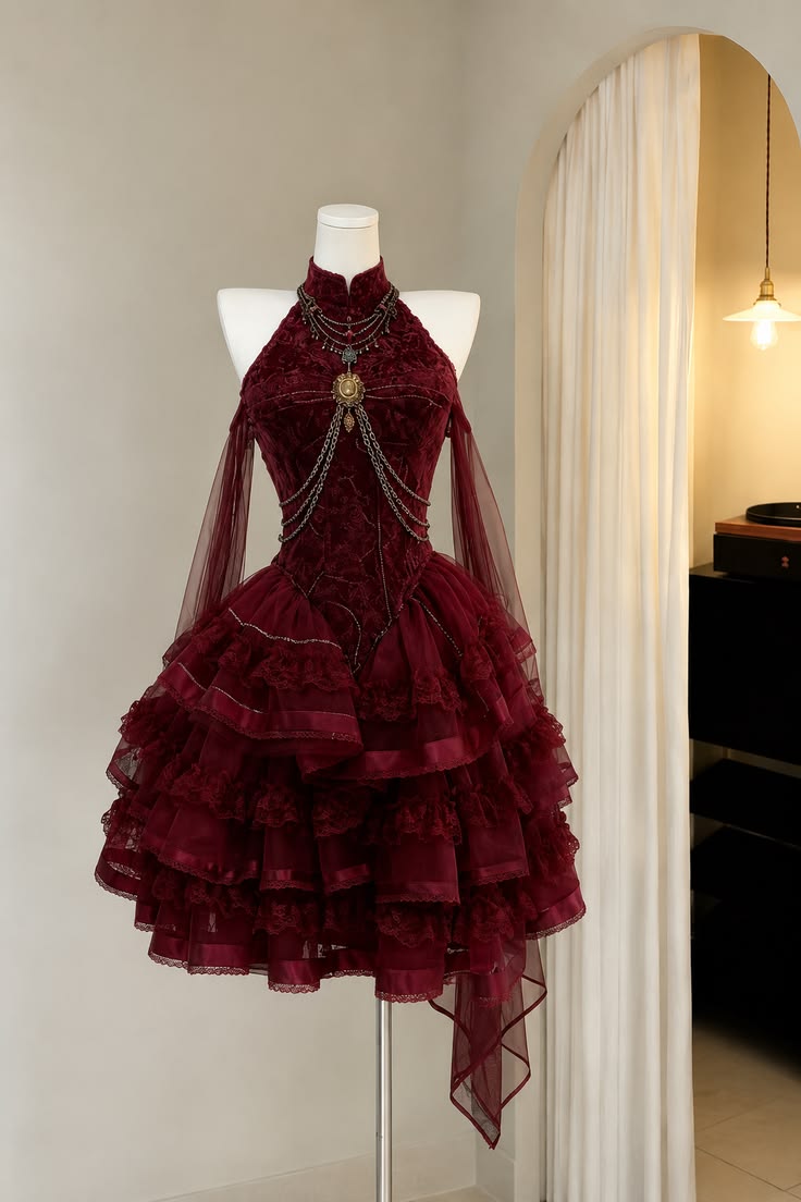 Chic Burgundy Halter Corset Tiered Lace Tulle A Line Short Homecoming Dress With Metal Chain And Long Sheer Mesh Sleeves AS1589