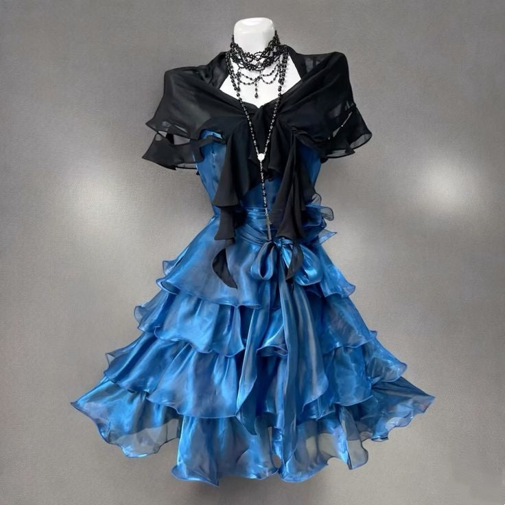 Edgy Spaghetti Straps Waist Bow Organza Ruffled A Line Short Homecoming Dress With Black Chiffon Capelet AS1593