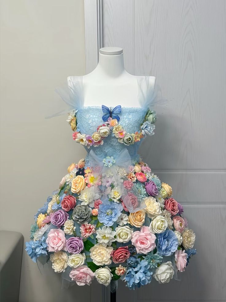 Dreamy Light Blue Mesh Strapless 3D Floral Appliques A Line Short Homecoming Dress AS1595