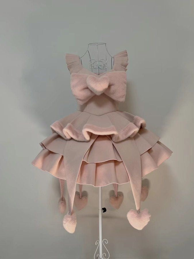 Fluffy Dusty Pink Sleeveless Ruffle Straps Big Bow Bodice Furry Heart Ornament Layered Pointed Hem A Line Short Homecoming Dress AS1599