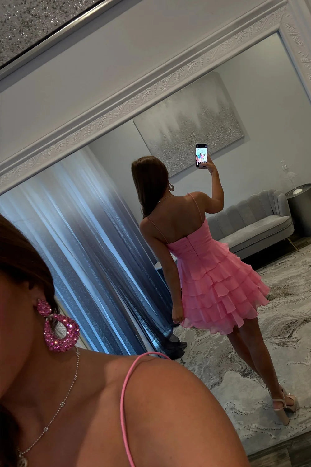 Ruffled Chiffon Homecoming Dress With Bow Detail And Spaghetti Straps AS160