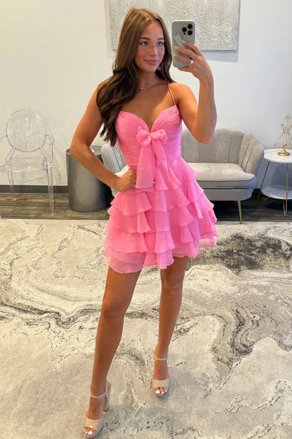 Ruffled Chiffon Homecoming Dress With Bow Detail And Spaghetti Straps AS160