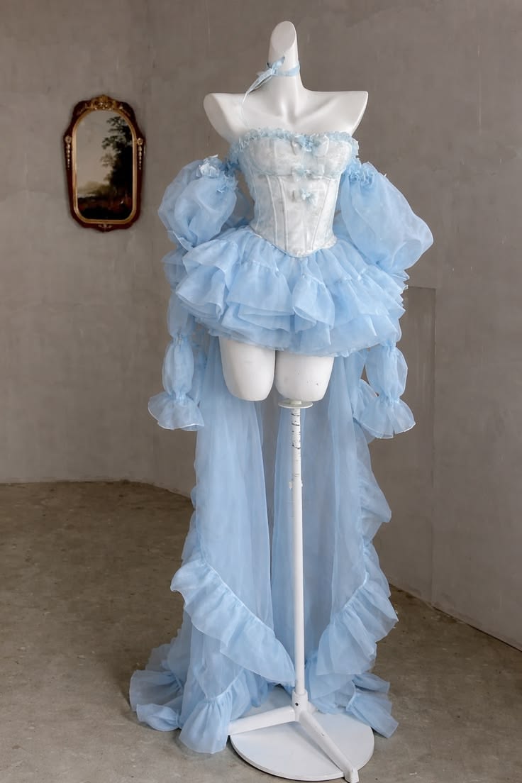 Dreamy Light Blue Off Shoulder Corset A Line Tiered Ruffle Puffy Bubble Short Homecoming Dress With Long Sleeves And Flowy Tulle Train AS1603