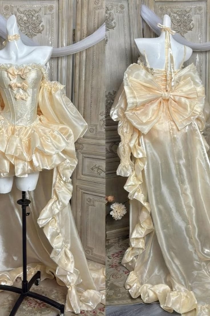 Luxurious Cream Satin Off Shoulder Corset Front Triple Bow Tiered Ruffle A Line Short Homecoming Dress With Long Puffy Sleeve And Back Bow Long Ruffle Train AS1604