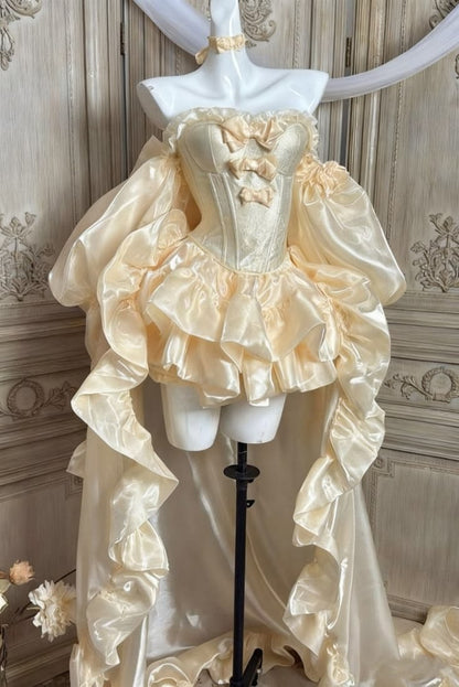 Luxurious Cream Satin Off Shoulder Corset Front Triple Bow Tiered Ruffle A Line Short Homecoming Dress With Long Puffy Sleeve And Back Bow Long Ruffle Train AS1604