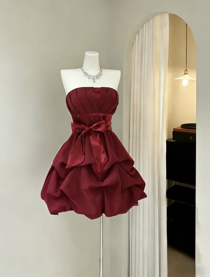 Elegant Burgundy Strapless Pleated Bust Satin Waist Bow A Line Short Homecoming Dress AS1609